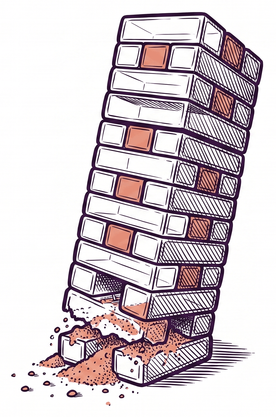 Ein massiver Turm aus Bausteinen, bei dem der unterste Block aus lockerem Sand in sich zusammenfällt