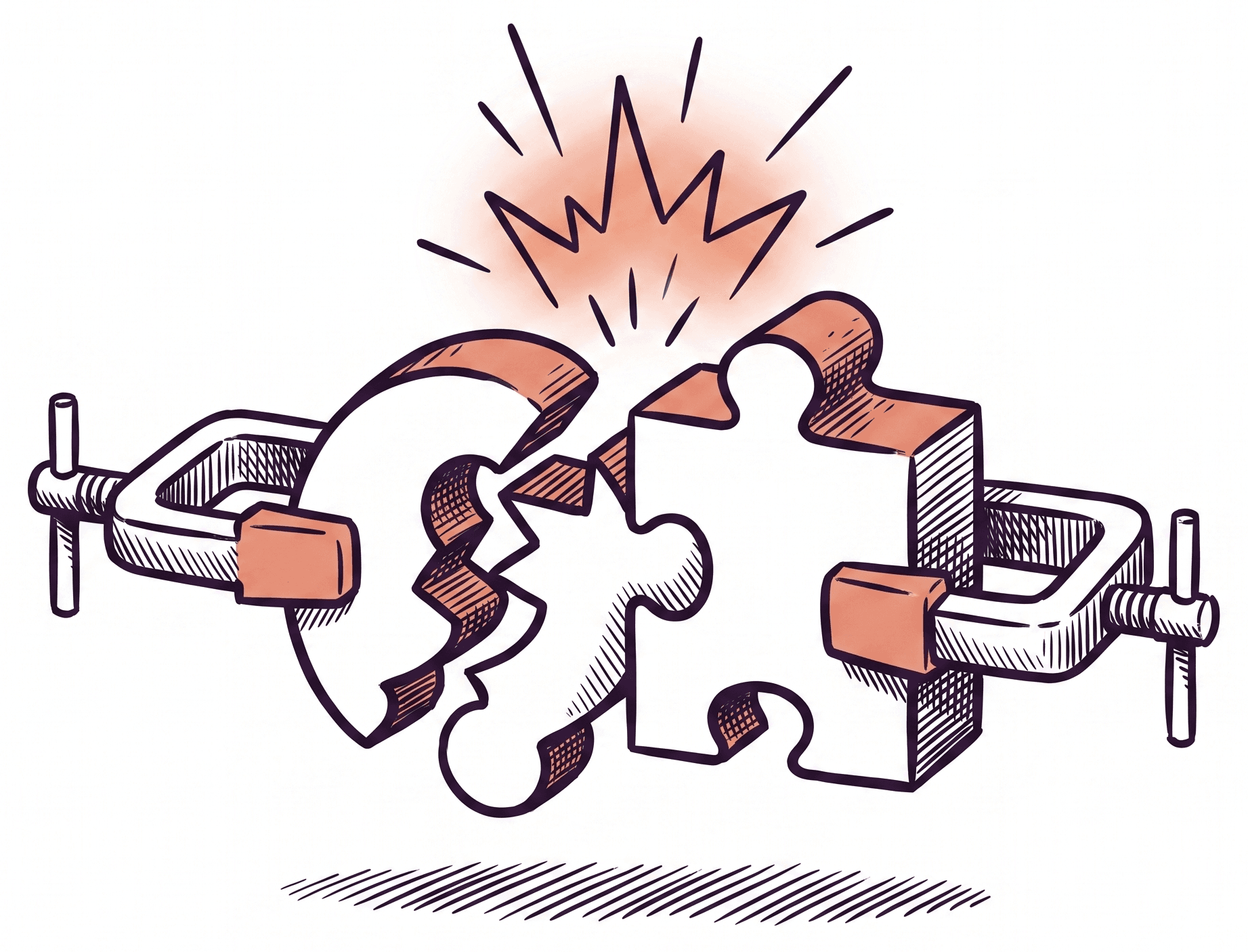Drei unpassende Puzzleteile werden von einer mechanischen Halterung zusammengeschoben, darüber entsteht der Funke einer Idee