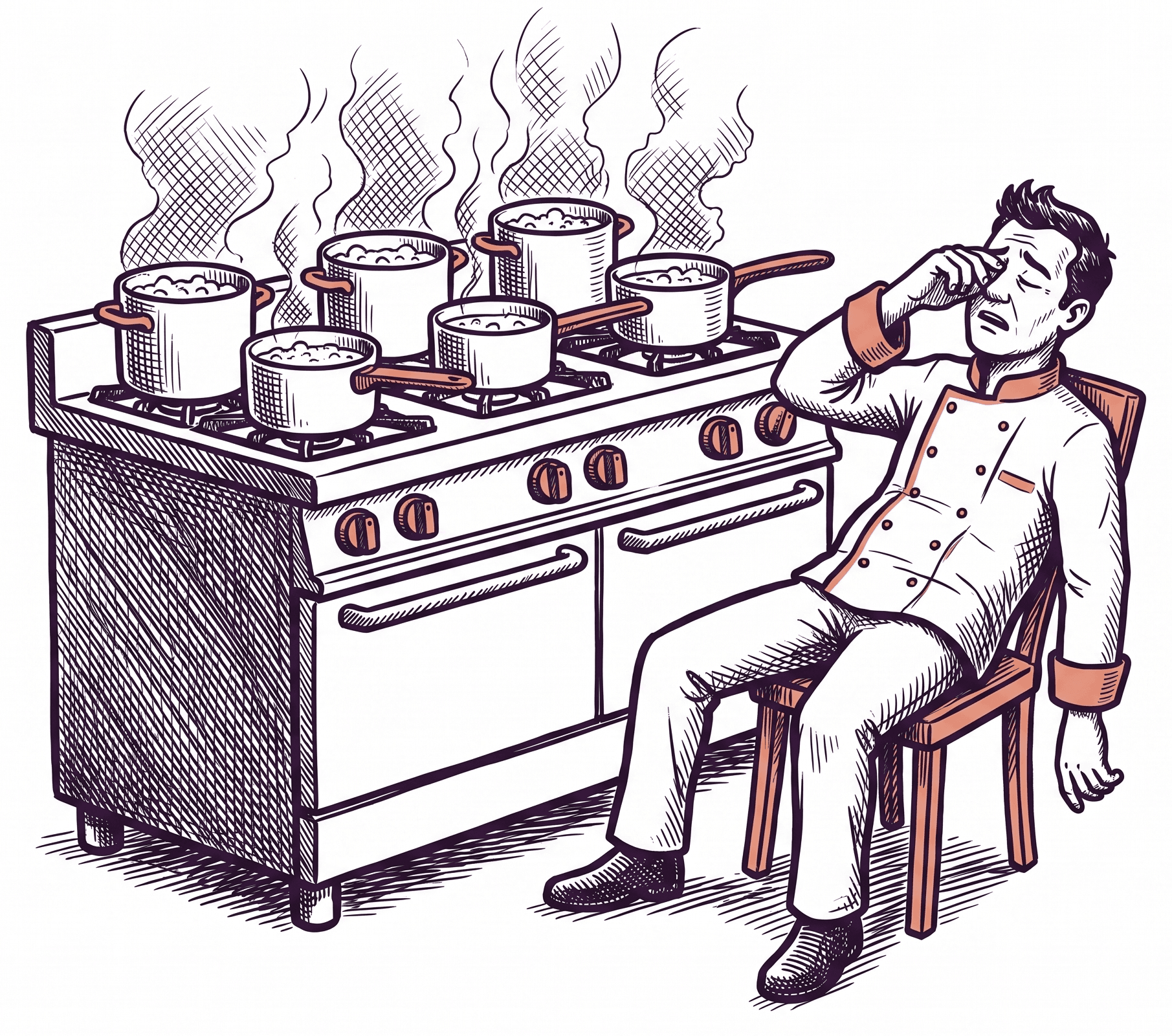 Ein Koch sitzt erschöpft auf einem Stuhl neben dem Herd, während die Töpfe weiter kochen.