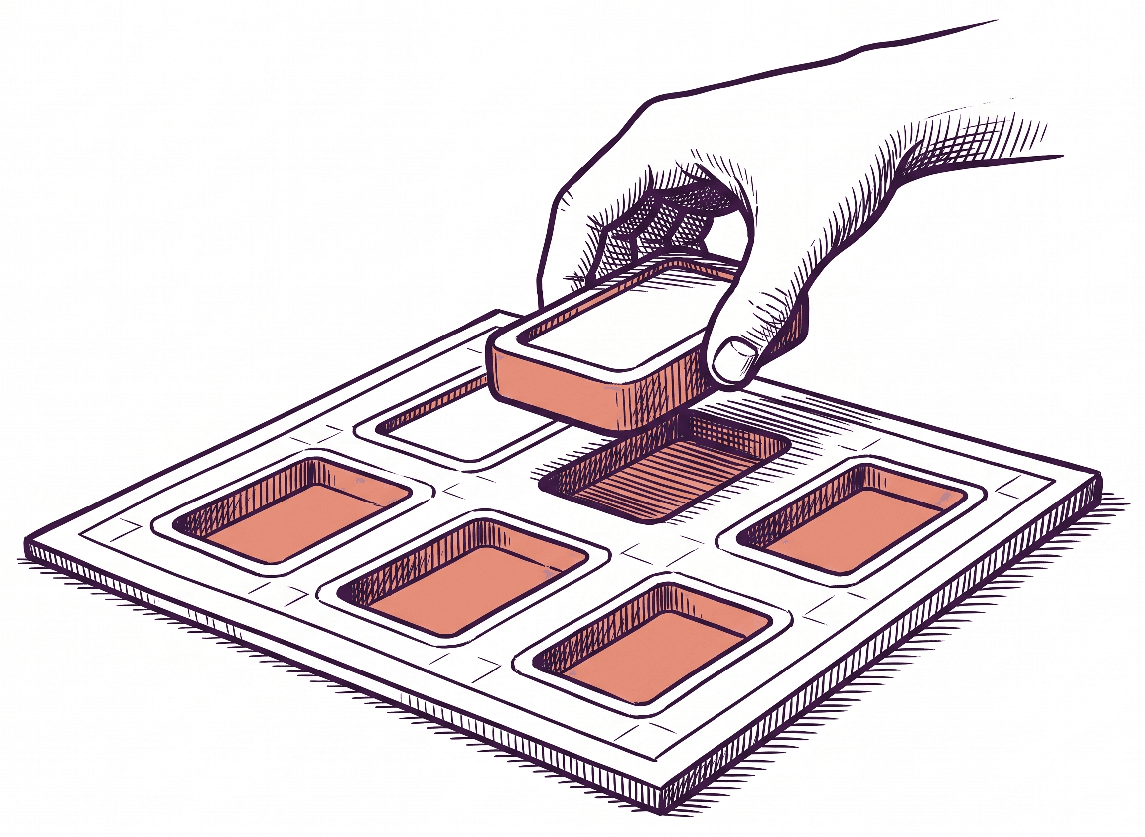 Ein Bauplan, auf dem leere Platzhalter für verschiedene Bauteile eingezeichnet sind, in die eine Hand ein passendes Modul einsetzt.