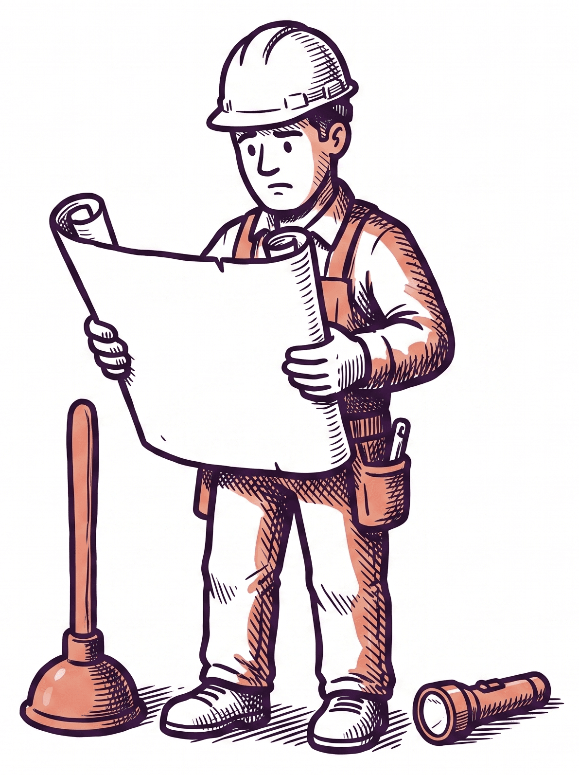 Ein Handwerker schaut verwirrt auf einen Bauplan, weil ihm das Licht fehlt und er das falsche Werkzeug hält.