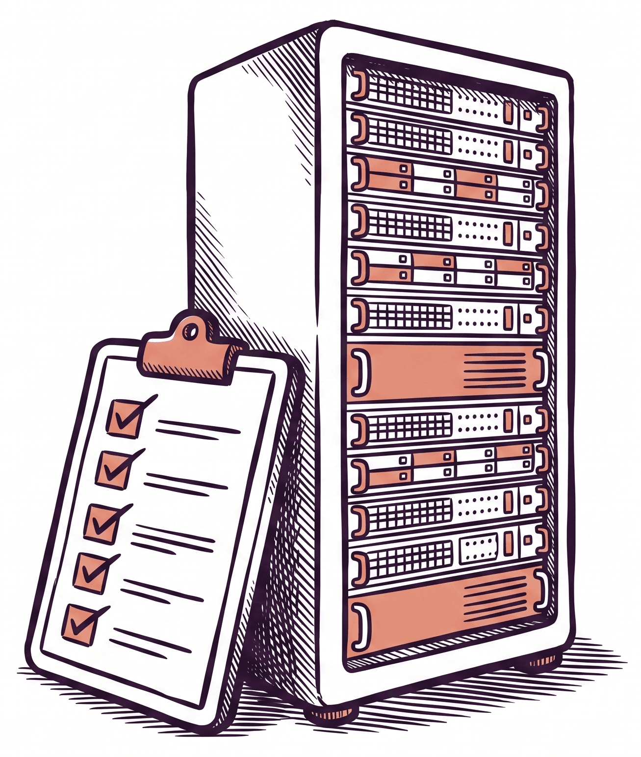 Ein Klemmbrett mit abgehakten Boxen lehnt an einem modernen Server-Rack.